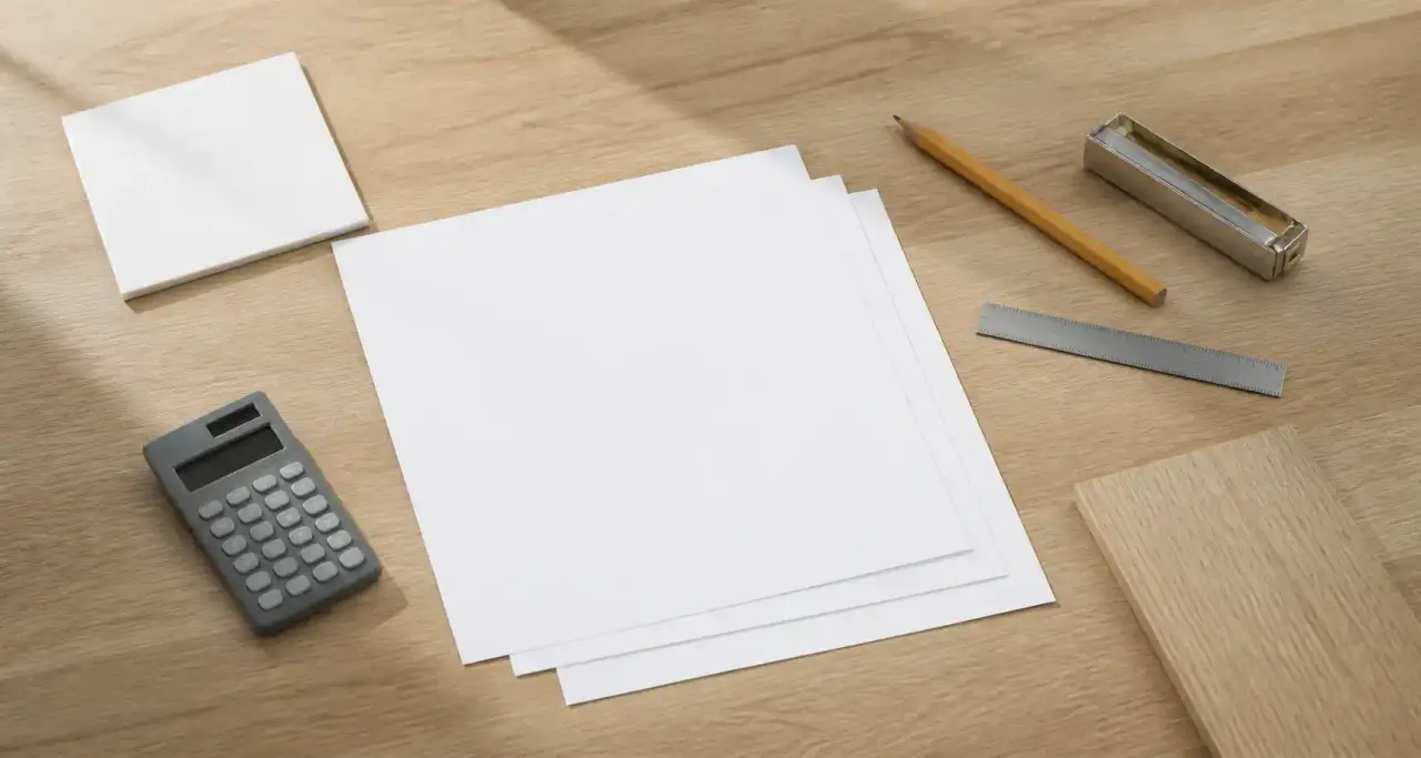 Table de travail avec calculatrice, m&egrave;tre ruban et &eacute;chantillons de mat&eacute;riaux pour estimer un budget de travaux
