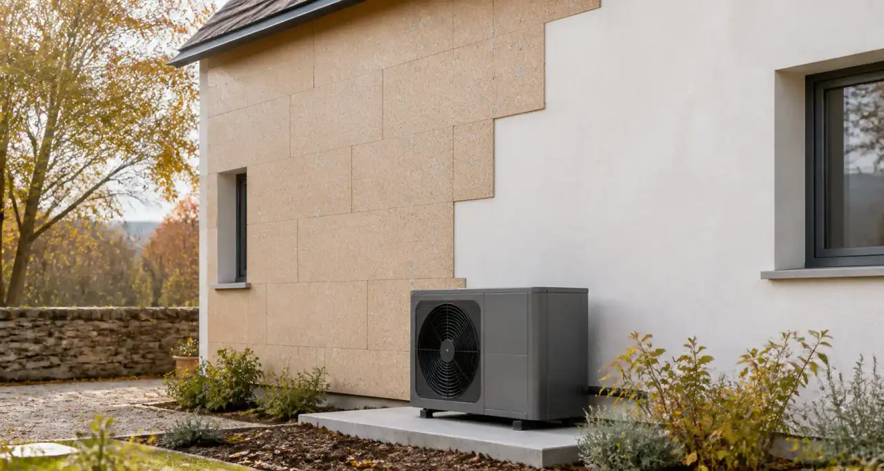 Fa&ccedil;ade de maison en cours d&rsquo;isolation thermique par l&rsquo;ext&eacute;rieur avec une pompe &agrave; chaleur air-eau install&eacute;e au pied du mur