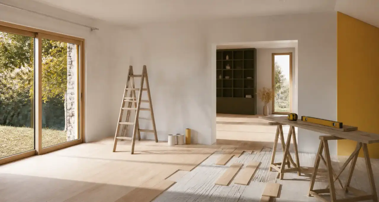 S&eacute;jour d&rsquo;une maison en r&eacute;novation avec murs enduits, baie vitr&eacute;e neuve et parquet ch&ecirc;ne en cours de pose