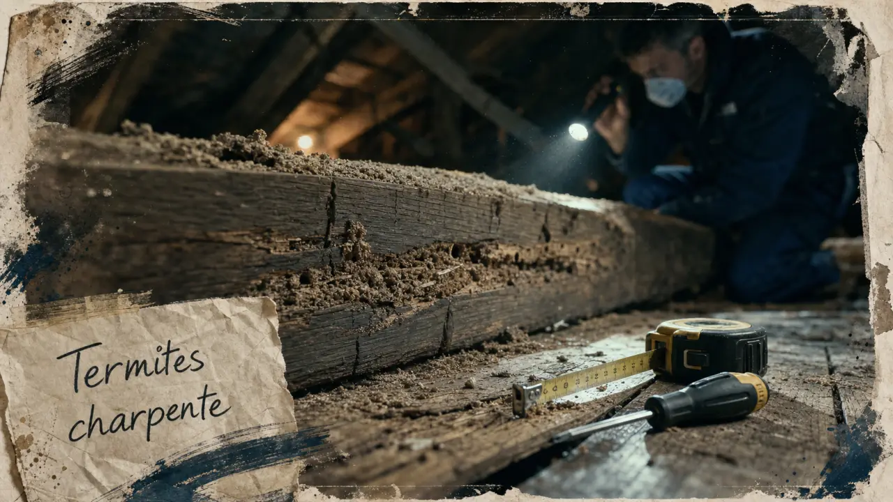 Termite bois charpente : sciure, galeries, diagnostic du bois