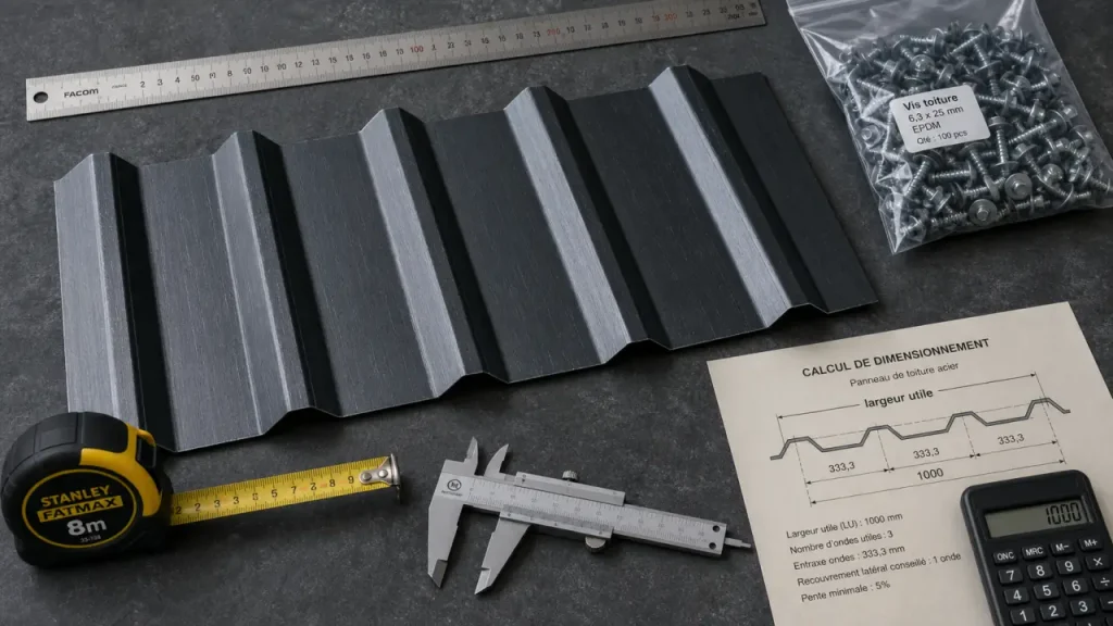 Bac acier dimension : mesurer largeur utile et recouvrement pour commande