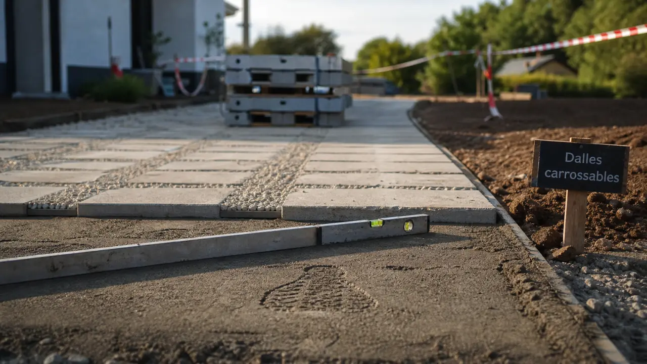 Dalle béton carrossable bord à bord : 8 cm au m², pose sur lit nivelé