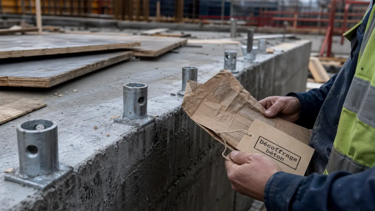 Décoffrage béton en chantier, coffrage retiré après contrôle météo