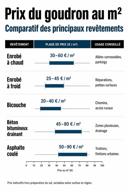 Prix du goudron au m2 : comparatif des tarifs pose comprise selon le type de revêtement