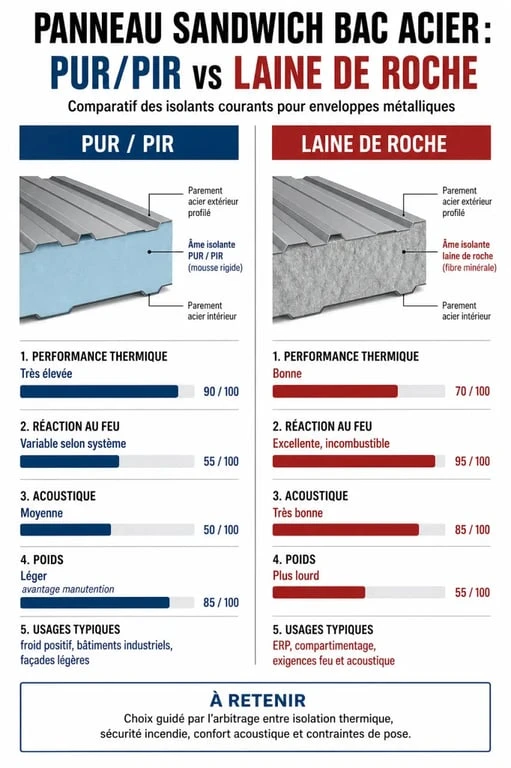 Comparatif PUR/PIR et laine de roche pour panneau sandwich bac acier