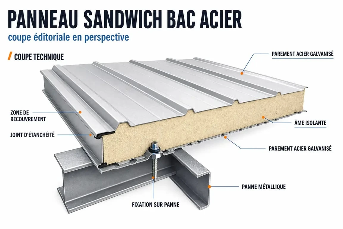 Coupe d’un panneau sandwich bac acier montrant ses parements et son isolant