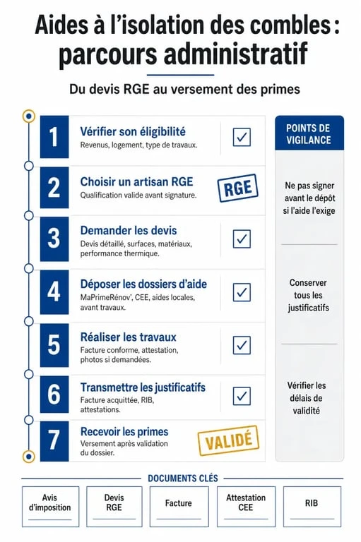 Infographie des étapes administratives pour les aides à l'isolation des combles