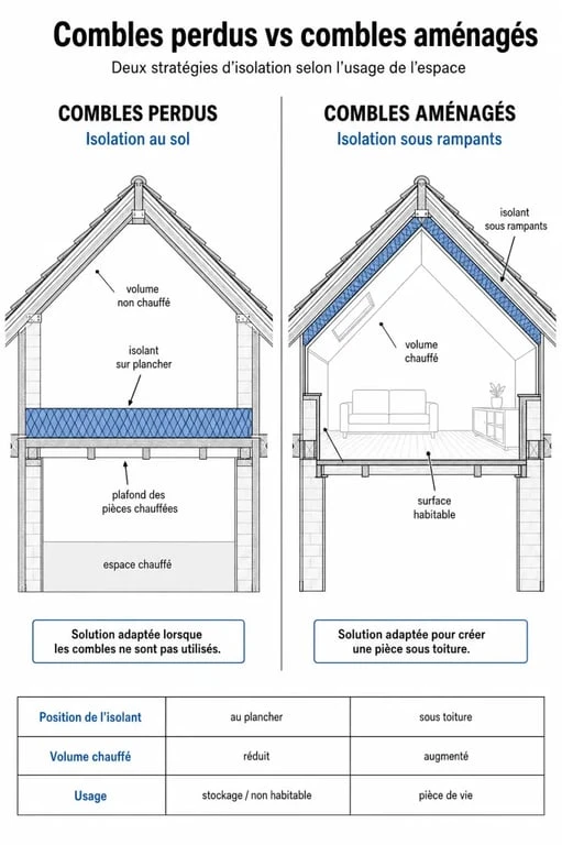 Schéma comparatif des types de combles perdus et aménagés pour l'isolation des combles