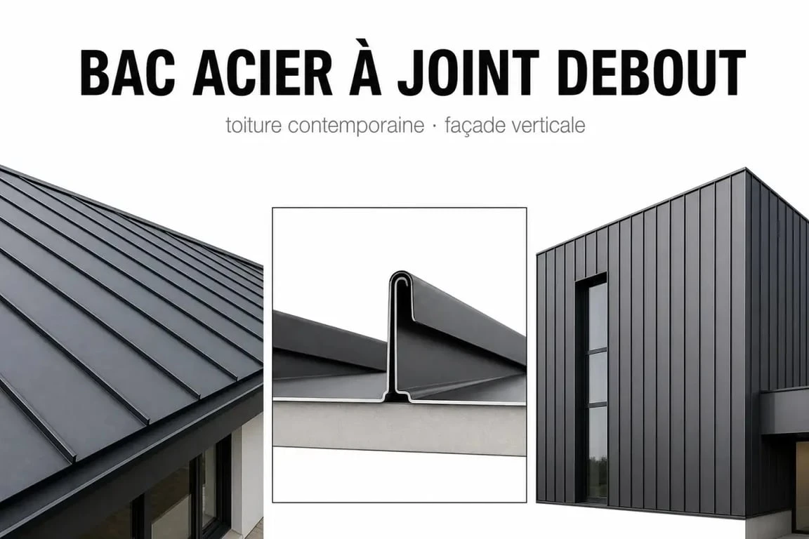 Bac acier joint debout illustré sur toiture et bardage avec joints verticaux