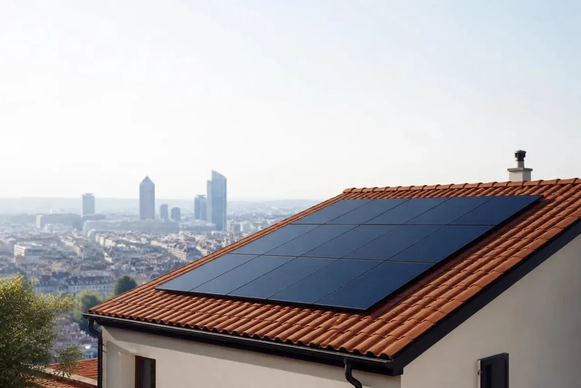 Entreprise pose panneaux photovoltaiques Lyon sur toiture résidentielle avec vue sur la ville