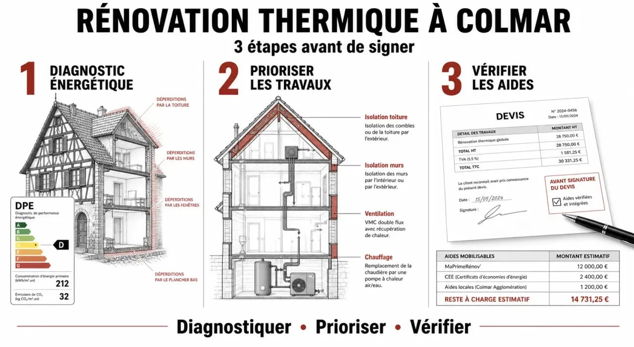 Rénovation thermique colmar : schéma éditorial des étapes clés, du diagnostic aux aides financières