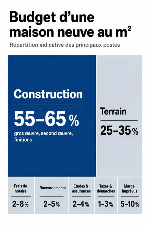 Prix maison neuve m2 : infographie de répartition entre construction, terrain et frais annexes