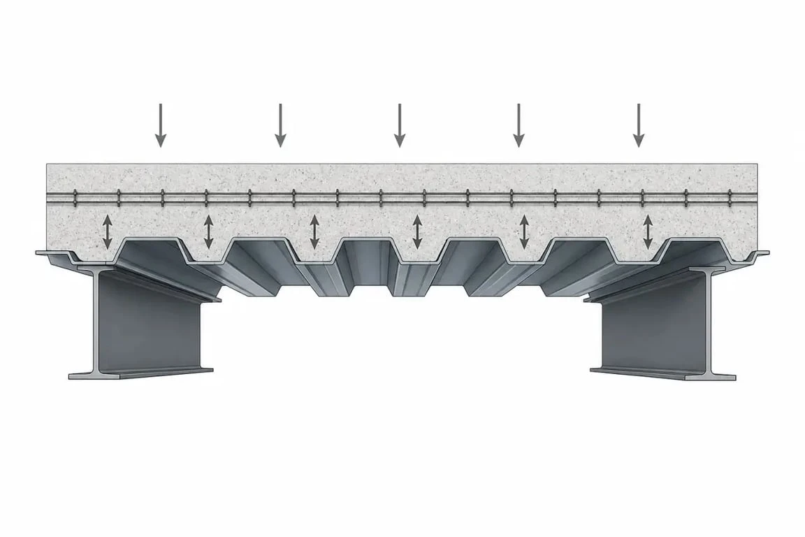 Plancher collaborant bac acier en coupe montrant la dalle béton armé et les poutres porteuses