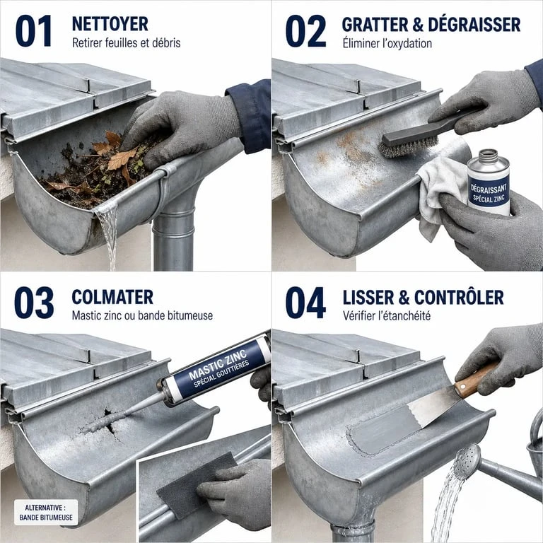 Kit réparation gouttière zinc : étapes de réparation sans soudure d’une fuite sur gouttière en zinc