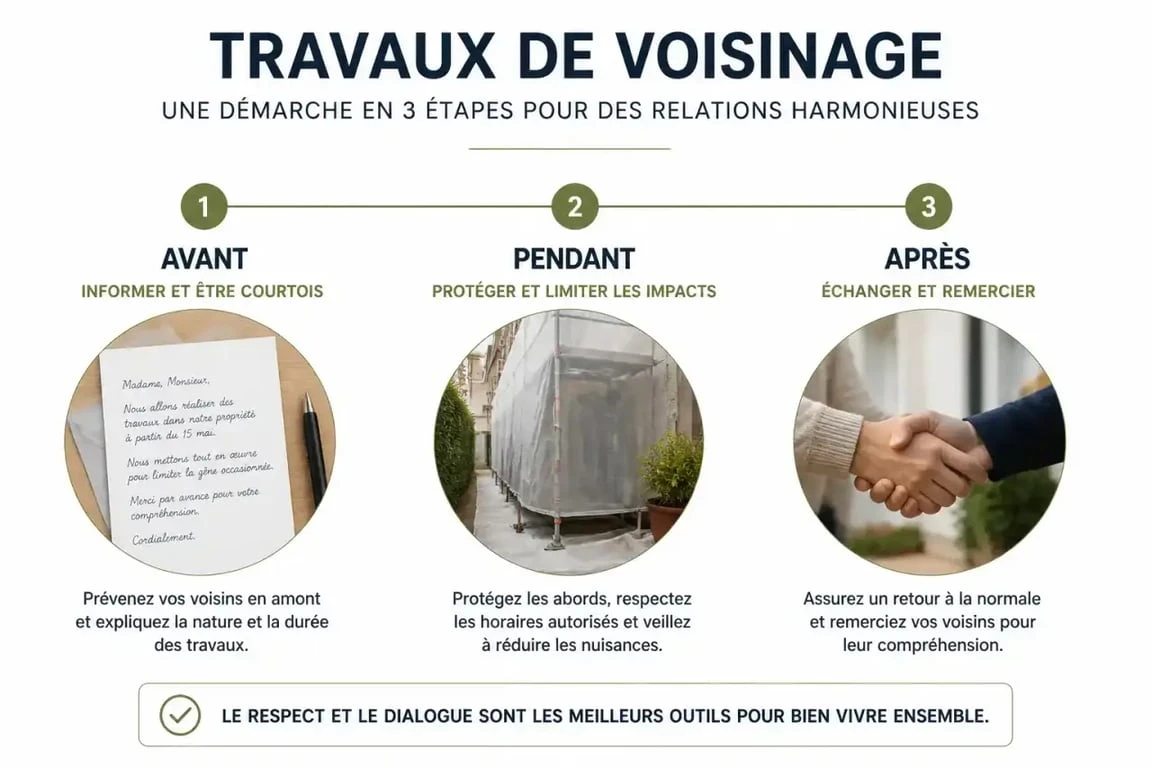 Infographie des bonnes pratiques pour les travaux voisins : communication, protection et respect des horaires