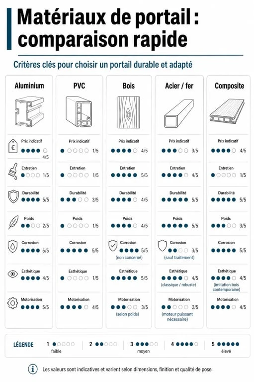 Infographie comparative des différents matériaux portail : aluminium, PVC, bois, acier, fer et composite