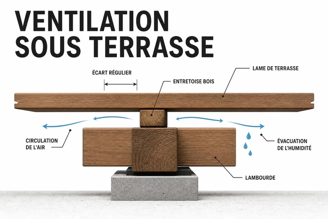 Entretoise bois entre lame de terrasse et lambourde avec circulation d’air