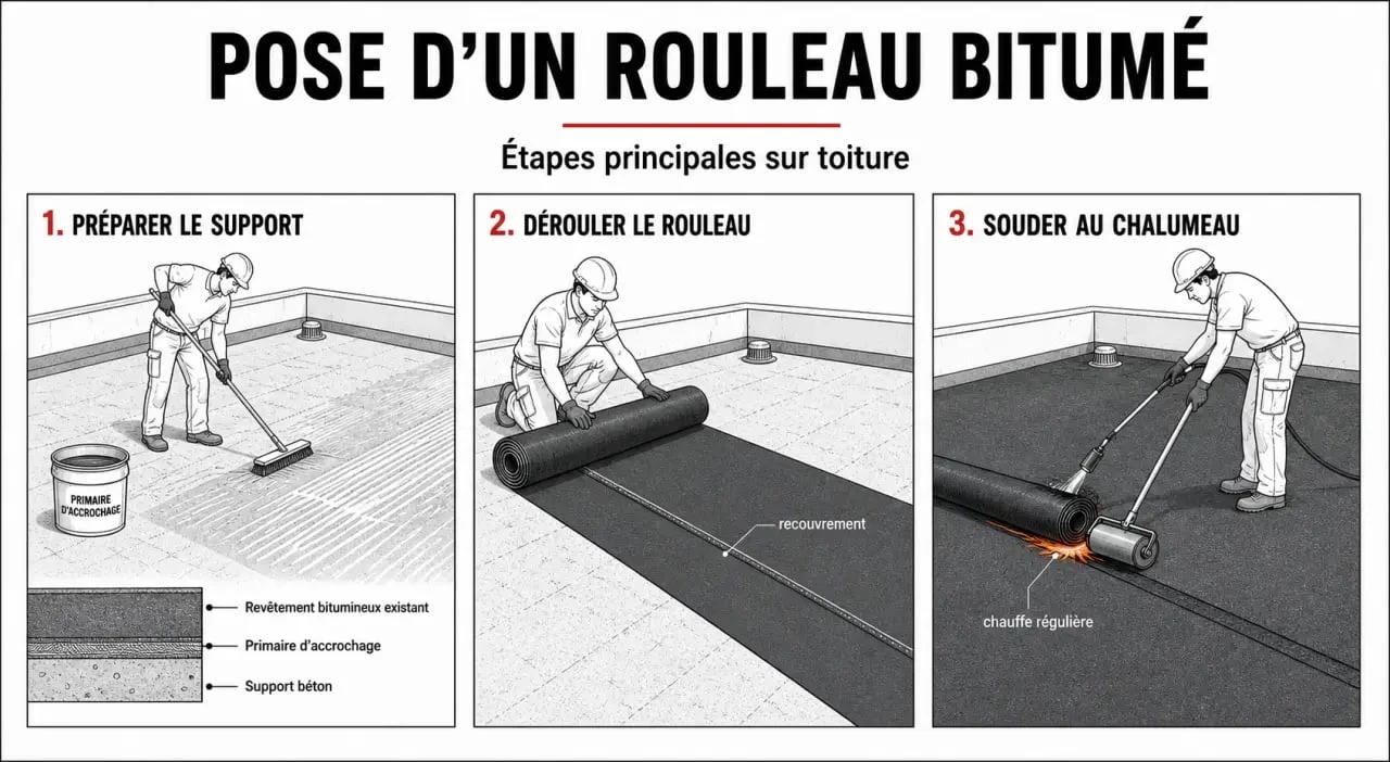 Étapes de pose professionnelle de rouleaux bitume pour toit sur une surface plane