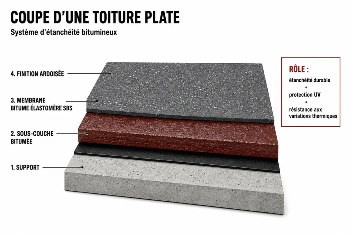 Coupe technique d'une toiture avec rouleaux bitume pour toit et ses différentes couches d'étanchéité