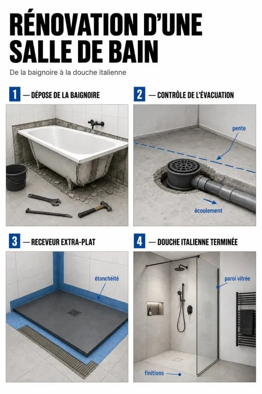 Remplacer une baignoire par douche italienne : étapes de transformation d'une salle de bain de la dépose à la pose finale