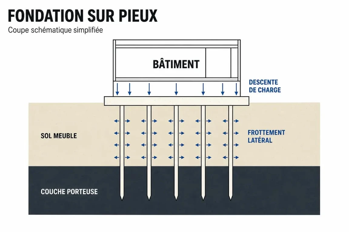 Schéma d’une fondation pieux avec transmission des charges vers une couche de sol plus résistante