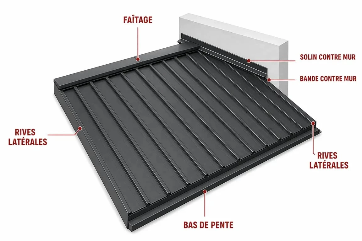 Finition bac acier : schéma des rives, du faîtage et du solin sur une toiture en bac acier