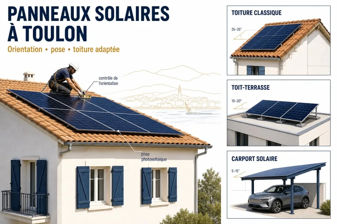 Installation panneaux solaires Toulon : maison provençale avec panneaux photovoltaïques et installateur sur toiture