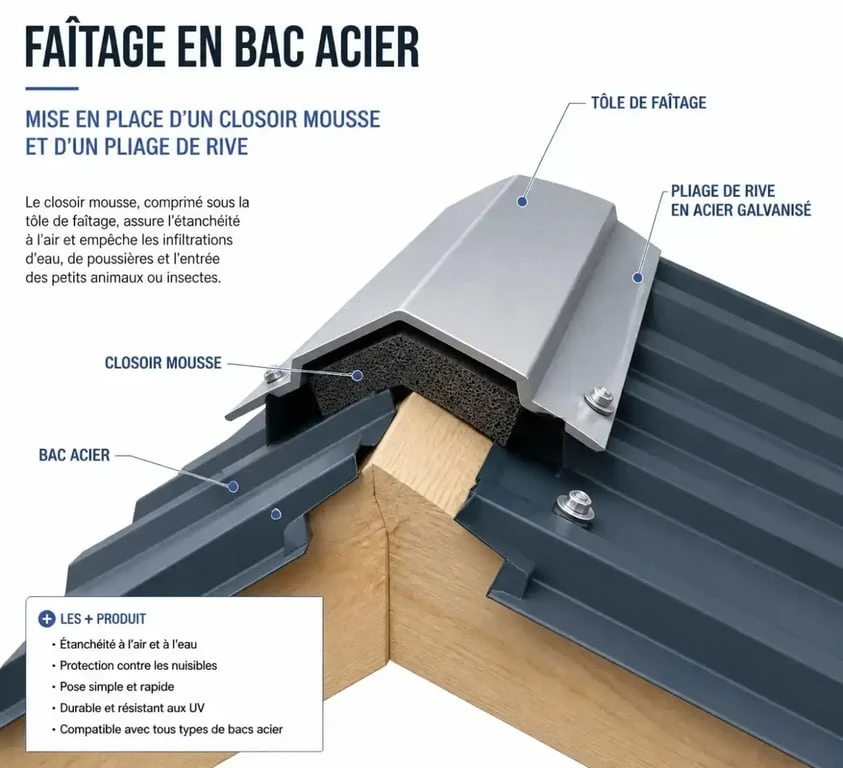 Installation d'un closoir mousse et d'un pliage de rive sur une toiture en bac acier