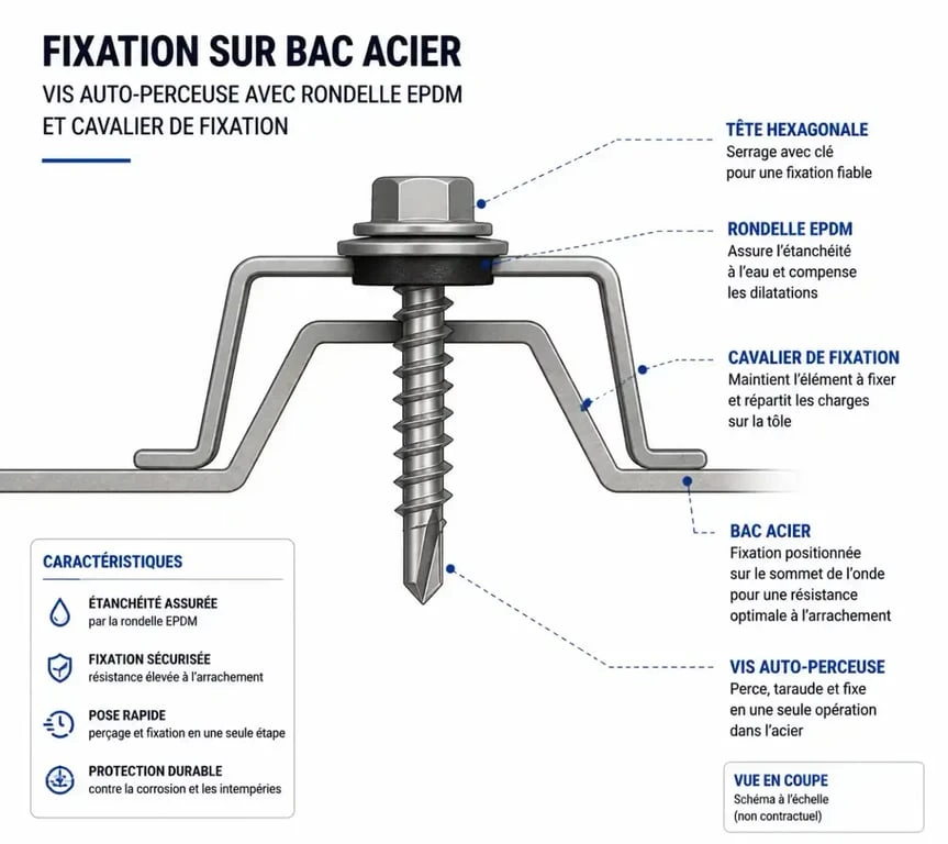 Schéma technique de fixation pour toiture en bac acier avec vis, rondelle EPDM et cavalier