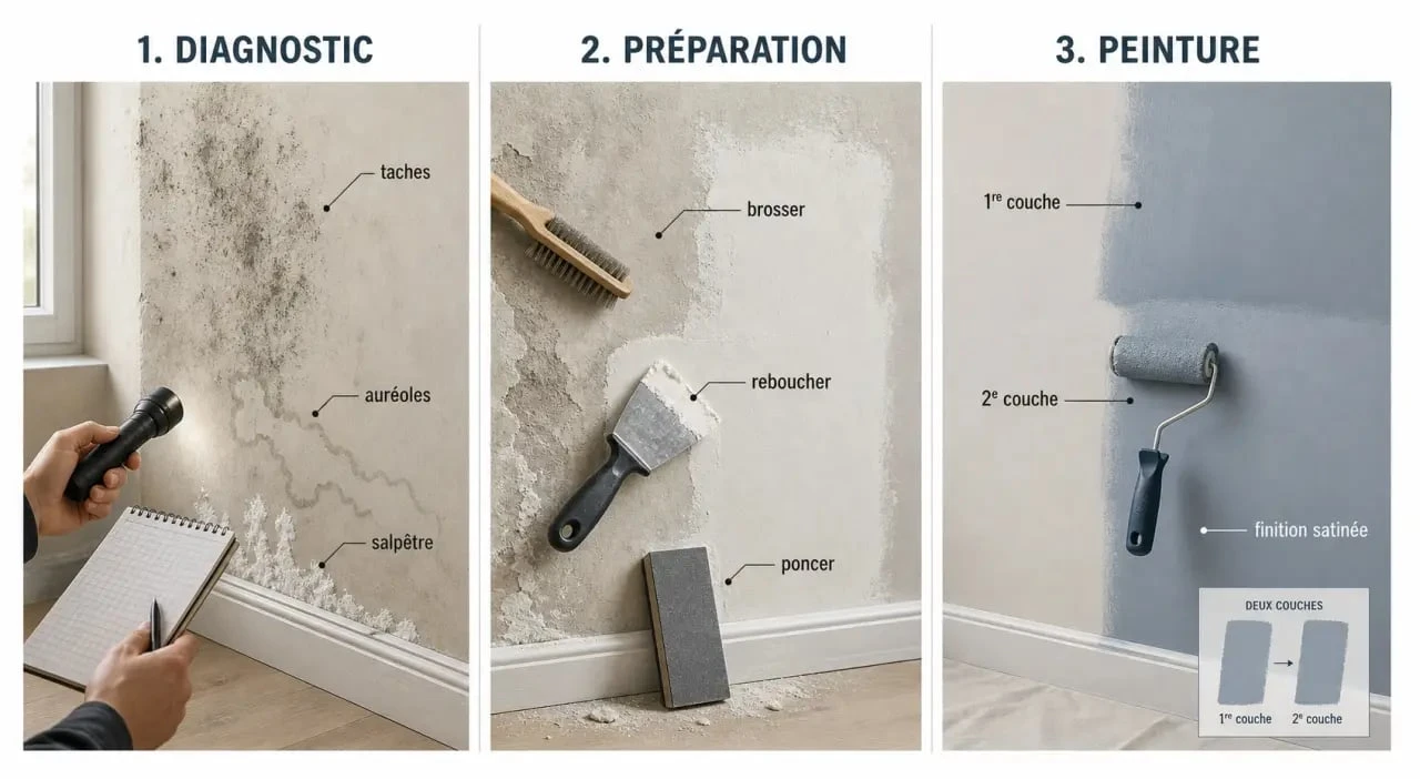 Peinture mur humide : diagnostic des traces, préparation du support et application en deux couches
