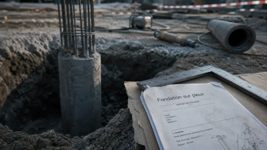 Fondation pieux : pieu béton foré, sol argileux, frottement latéral
