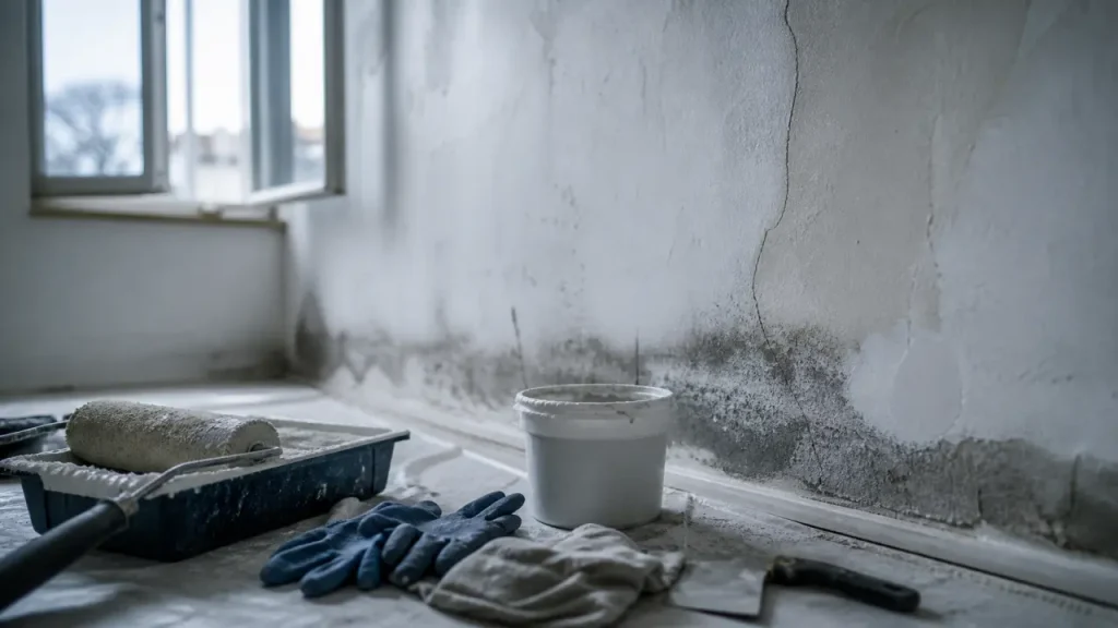Peinture mur humide sur mur intérieur fissuré et taché