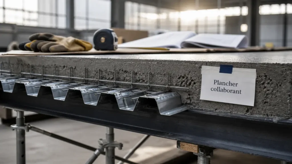 Plancher collaborant bac acier avec étais visibles et dalle béton