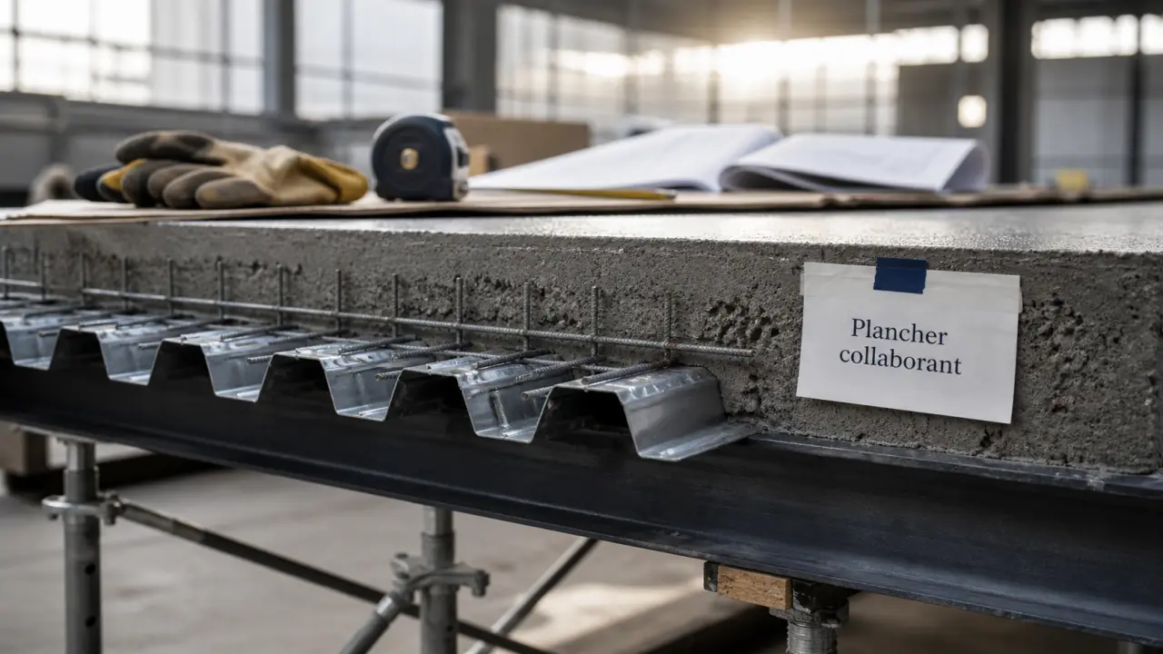Plancher collaborant bac acier avec étais visibles et dalle béton