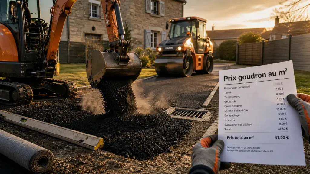 Prix du goudron au m2 : mini-pelle et rouleau compresseur sur allée enrobée