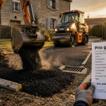 Prix du goudron au m2 : mini-pelle et rouleau compresseur sur allée enrobée