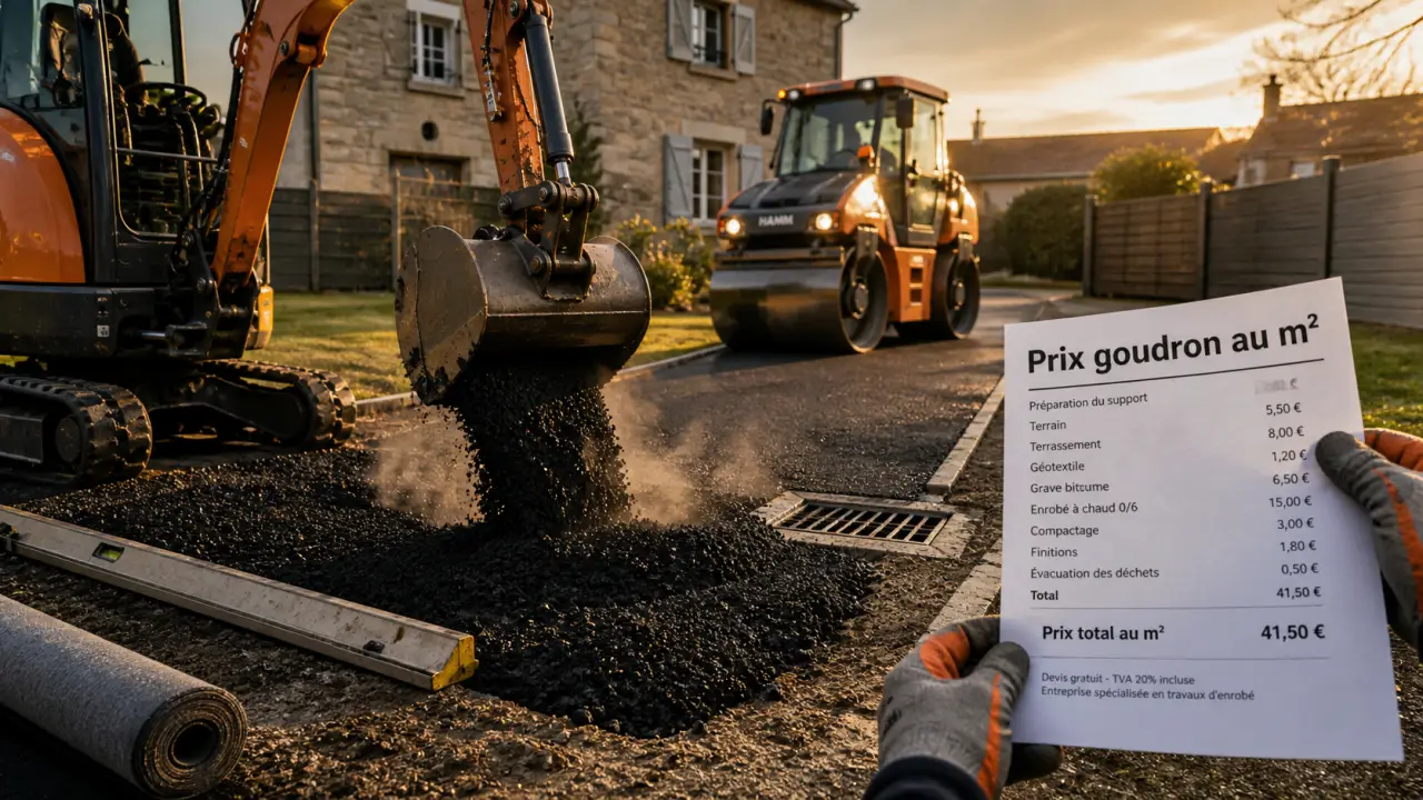 Prix du goudron au m2 : mini-pelle et rouleau compresseur sur allée enrobée