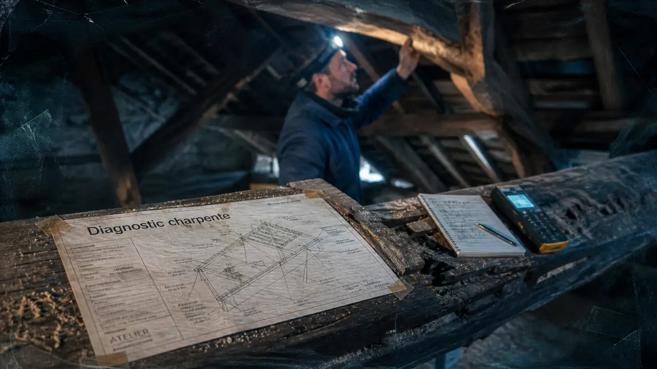 Rénovation charpente bois : diagnostic d’une poutre de charpente fendue et humidité