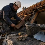 Rénovation toiture marseille : couvreur examine tuiles cassées et fuite