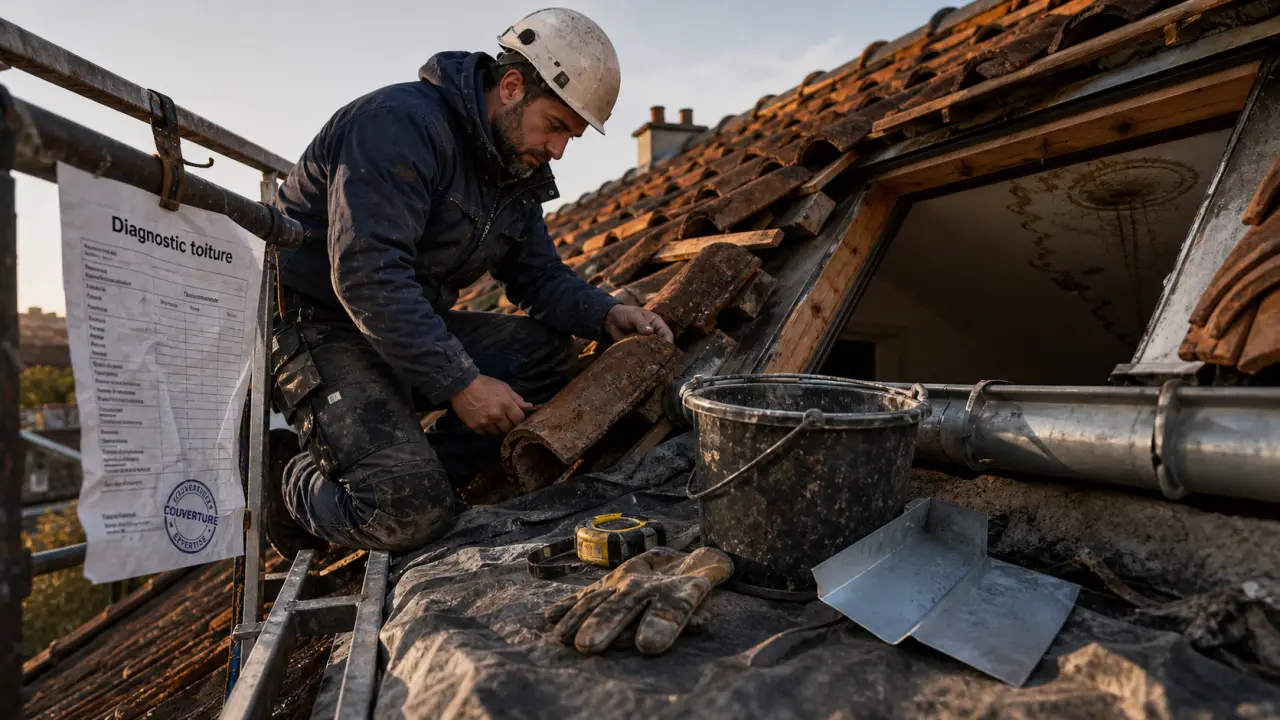 Rénovation toiture marseille : couvreur examine tuiles cassées et fuite