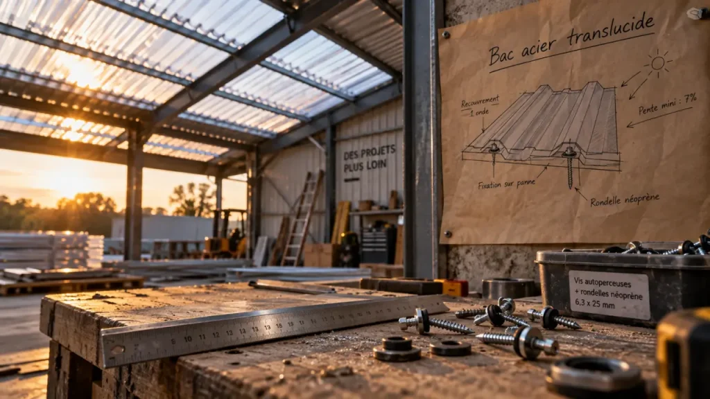 Bac acier transparent sur toiture : lumière naturelle, atelier