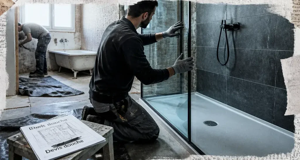 Douche remplacement baignoire en rénovation, artisan pose la paroi vitrée