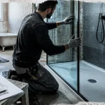 Douche remplacement baignoire en rénovation, artisan pose la paroi vitrée