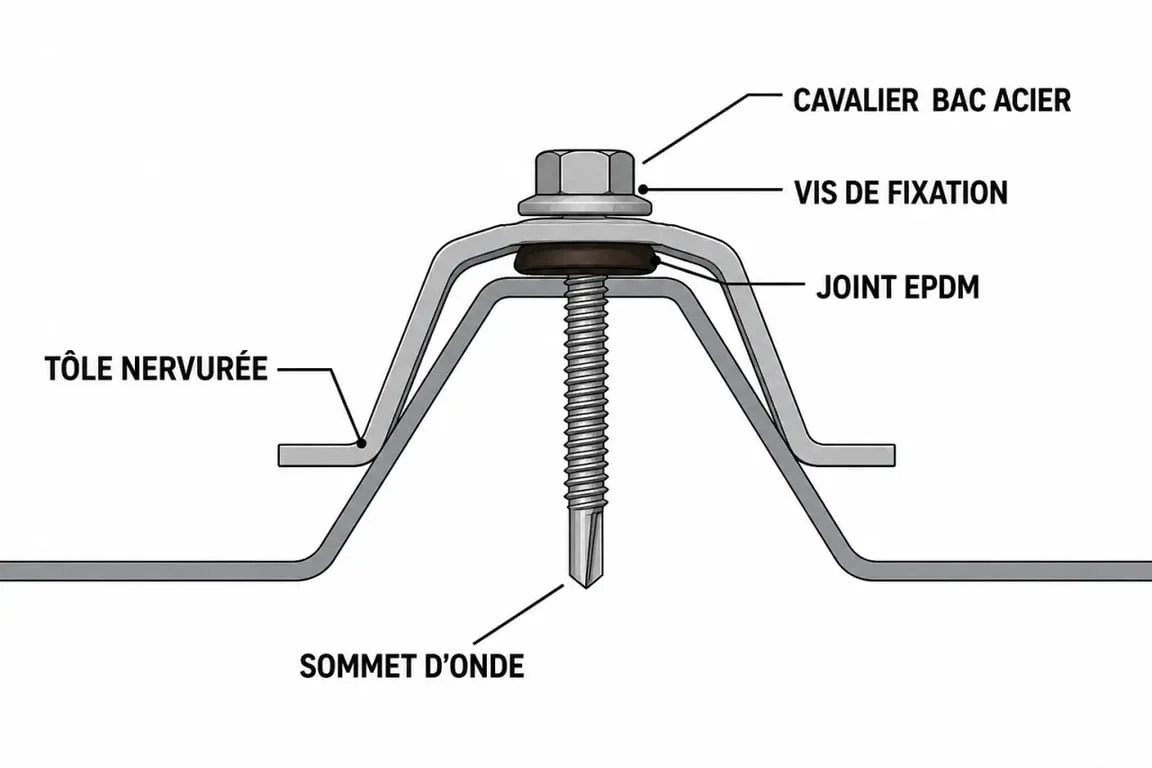 Cavalier bac acier : schéma de pose sur une tôle nervurée avec EPDM