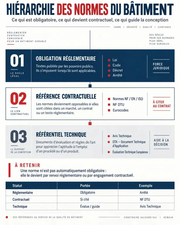 Infographie expliquant la hiérarchie des normes batiments entre réglementation, normes NF, DTU, Eurocodes et avis techniques