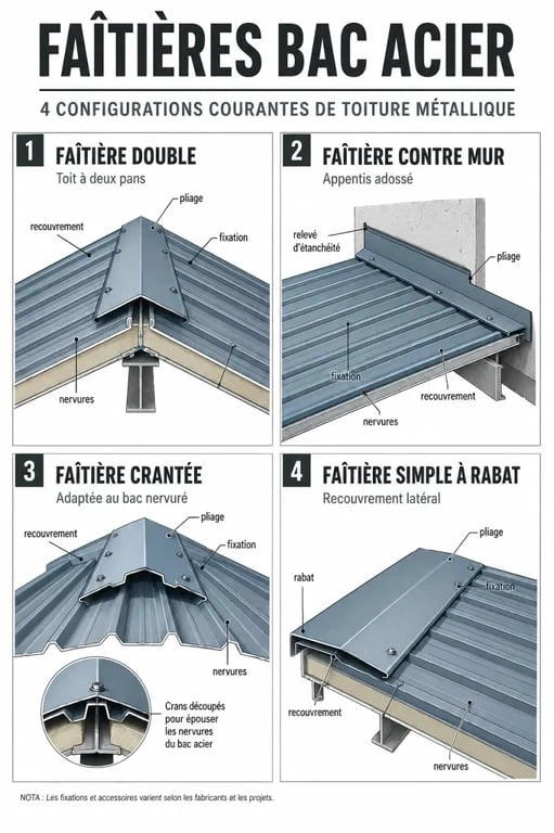 Comparatif faîtière bac acier : double, contre mur, crantée et simple à rabat