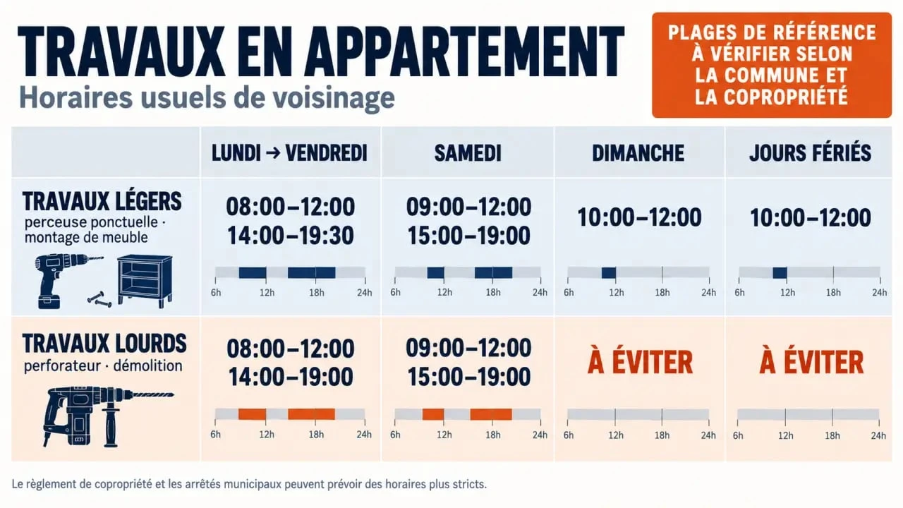 Horaires travaux appartement : infographie des créneaux de bricolage léger et de chantier bruyant