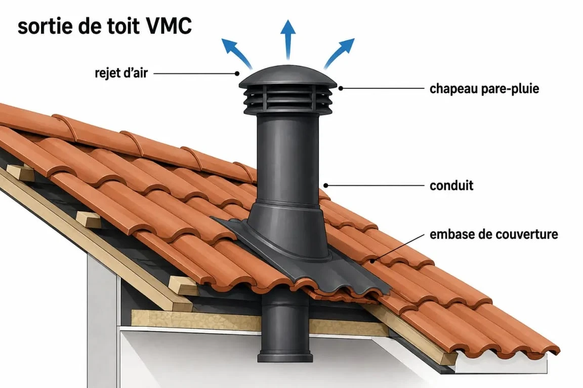 Sortie de toit vmc sur toiture en tuiles avec conduit, chapeau pare-pluie et sens d’évacuation d’air