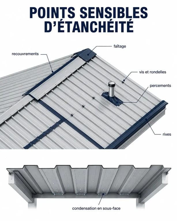 Étanchéité bac acier : zones sensibles et condensation sur une toiture métallique