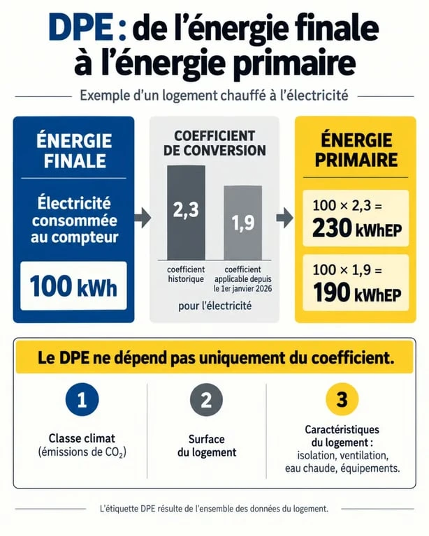 Infographie du simulateur DPE ADEME sur le coefficient de conversion de l’électricité et les classes énergie et climat